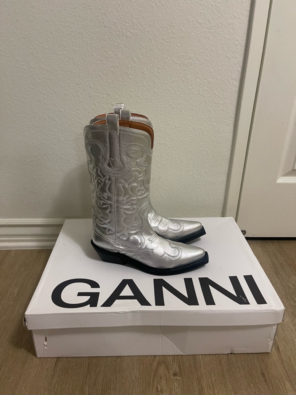 Ganni Silver Embossed Western Ankle Boots